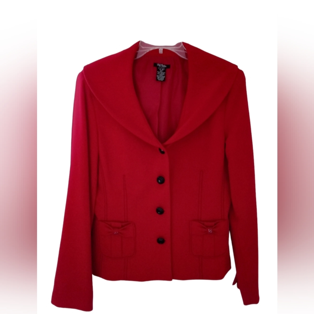 Bob Mackie Red Blazer W/Black Buttons & Unique Pocket Details Size 12 (see pics)